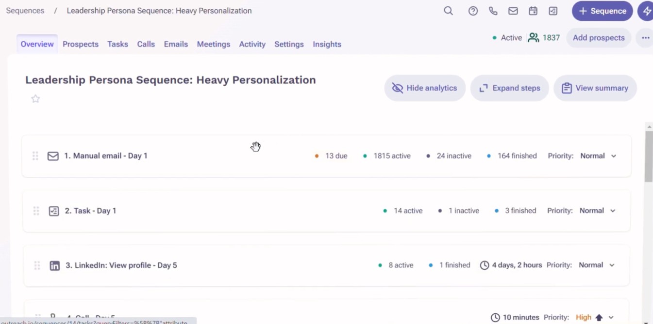 Leadership Persona Sequence: Heavy Personalization in a sales engagement platform.