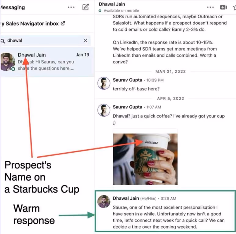 Sales message and a Starbucks cup personalized with prospect's name.