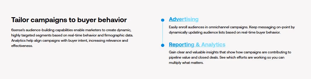 A section of the 6sense website explaining how to tailor campaigns to buyer behavior, listing features like Advertising and Reporting & Analytics.