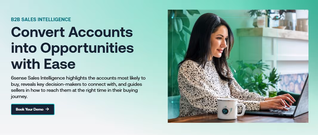 A woman is working on a laptop with the text "B2B SALES INTELLIGENCE Convert Accounts into Opportunities with Ease" on the left. 