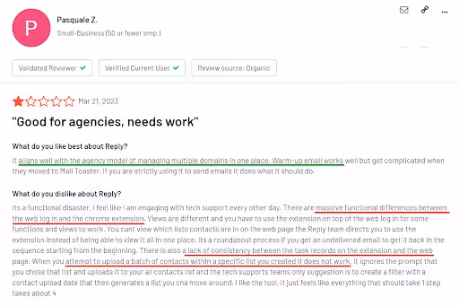 User review of Reply.io saying lead lists don't import properly