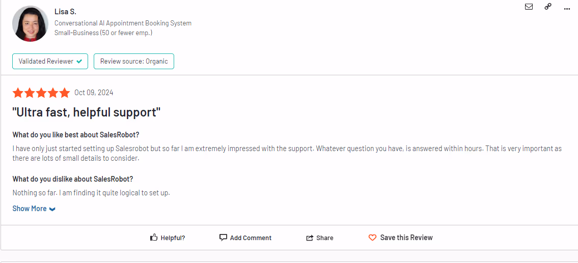 Review highlighting Salesrobot works