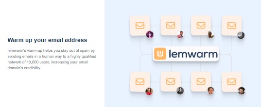 Illustration of Lemwarm's email warm-up network with icons of envelopes and people.