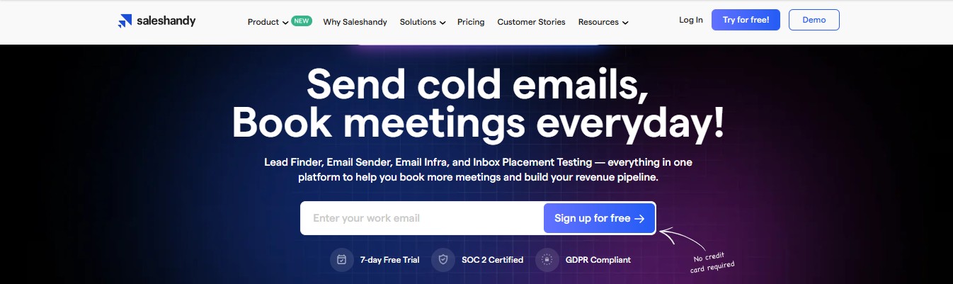 Saleshandy platform for sending cold emails and booking meetings