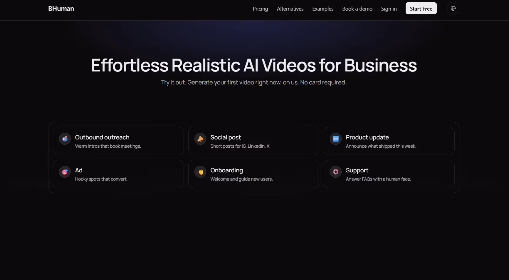 BHuman homepage with headline Effortless Realistic AI Videos for Business
