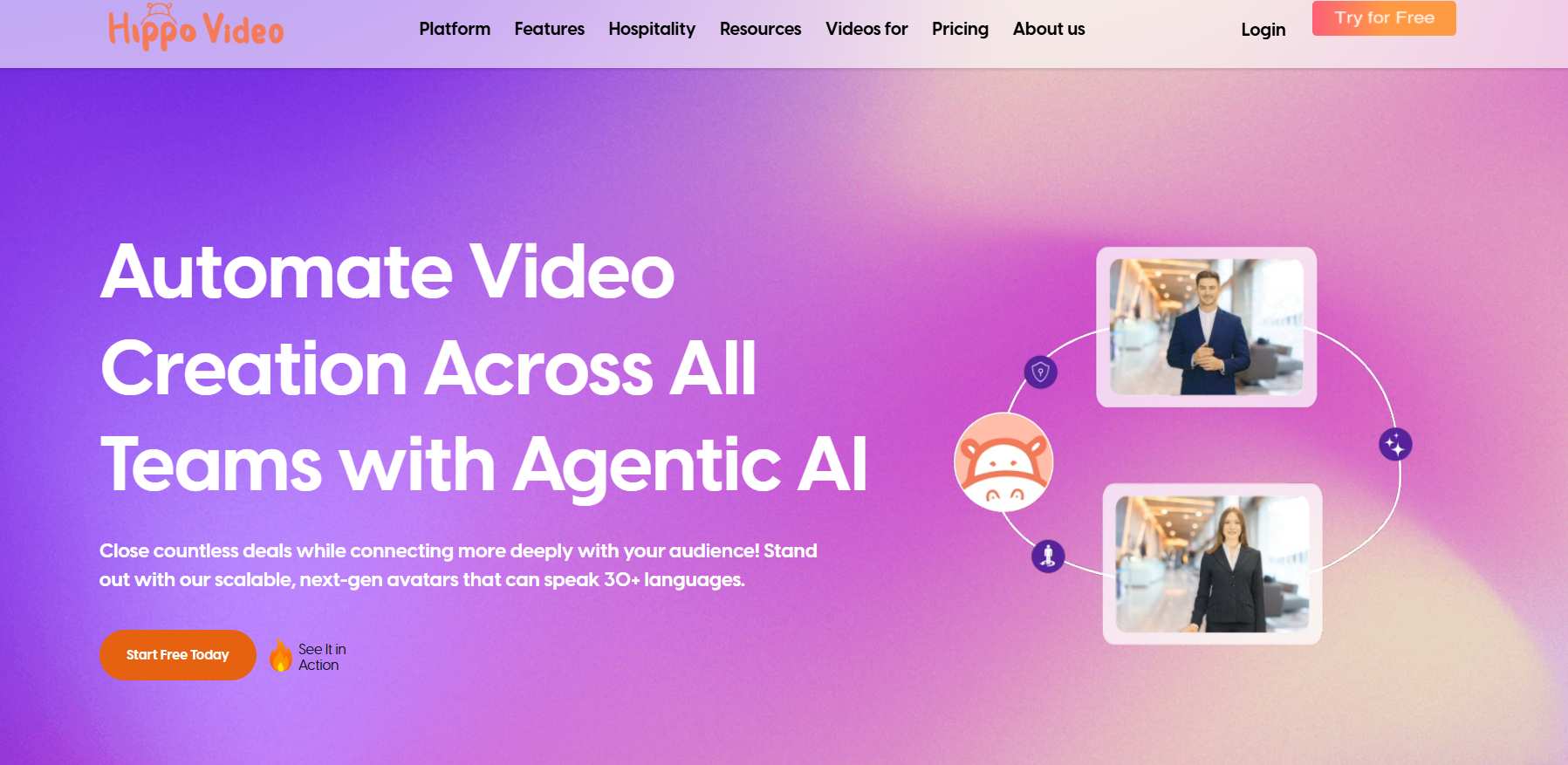 Hippo Video landing page with a headline about automating video creation with Agentic AI.