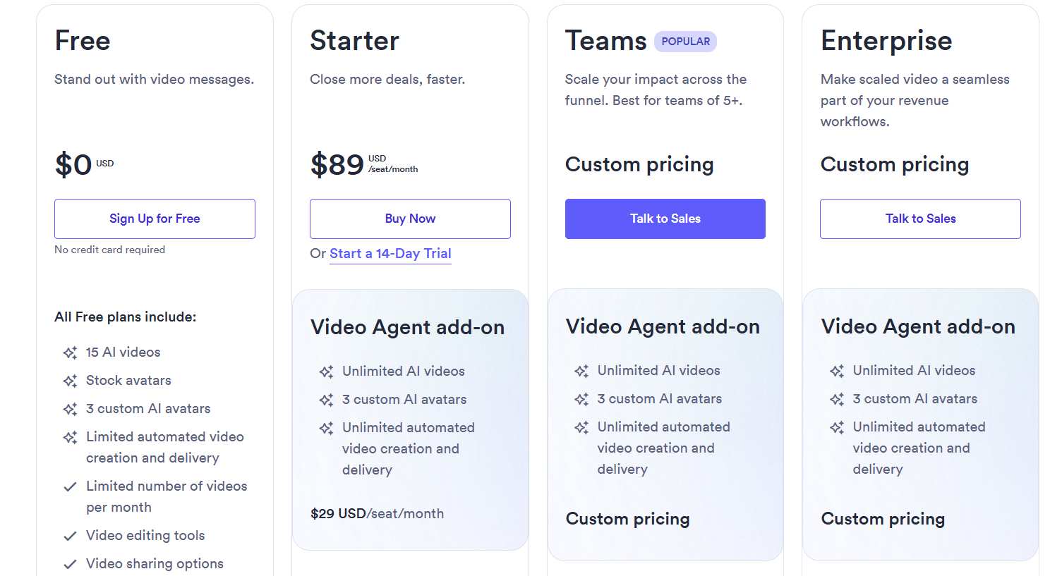 Vidyard pricing plans: Free, Starter, Teams, and Enterprise.