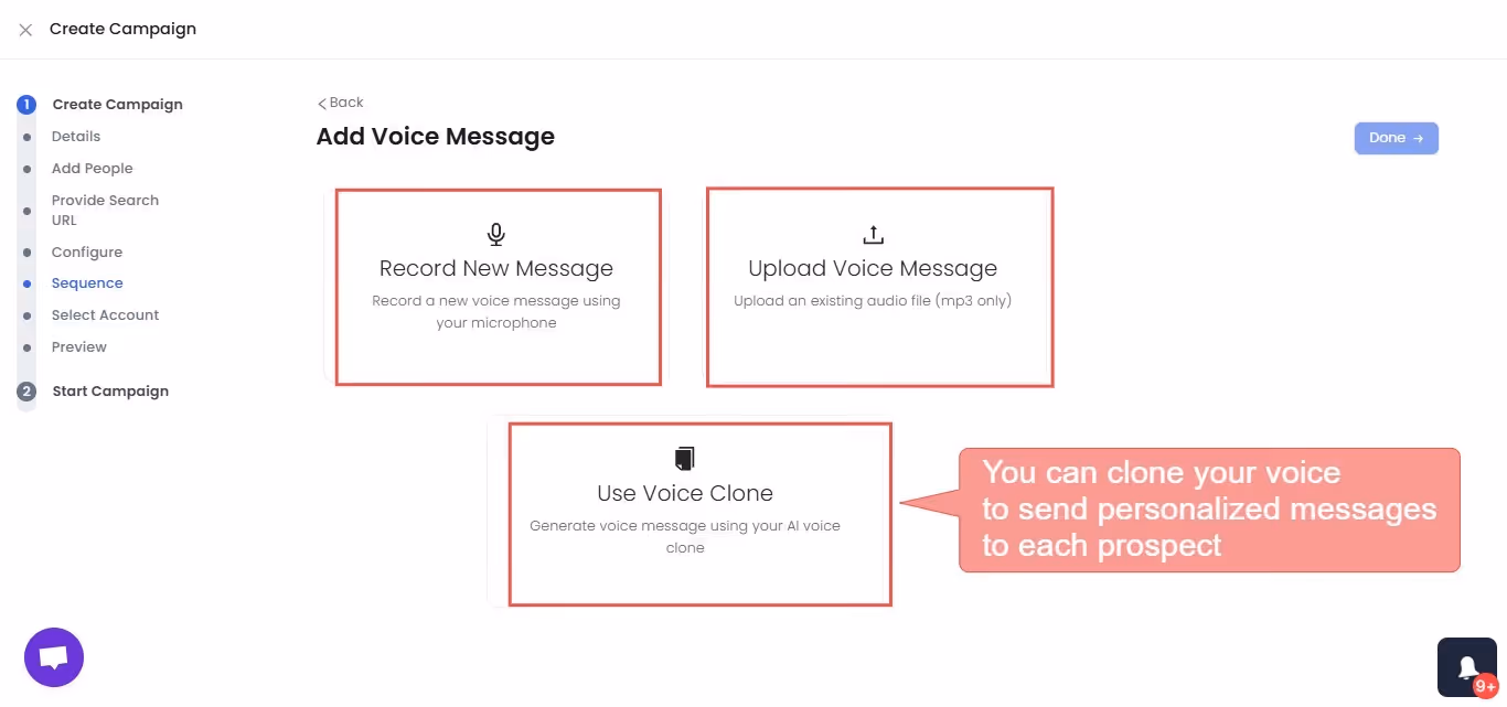 SalesRobot campaign creation interface for adding a voice message.