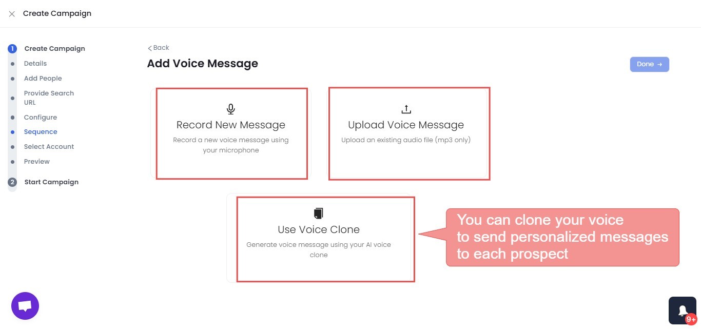 SalesRobot campaign creation interface for adding a voice message.