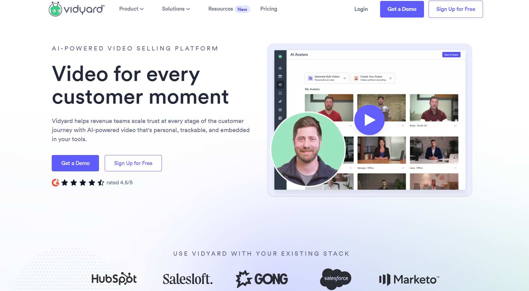 Vidyard AI-powered video selling platform homepage with features.