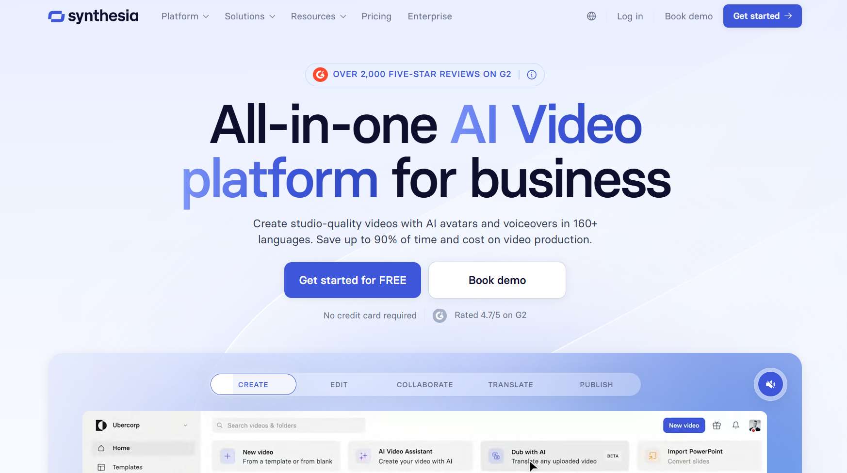 Synthesia homepage with headline All-in-one AI Video platform for business