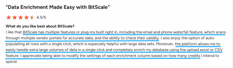 Review snippet titled "Data Enrichment Made Easy with BitScale".