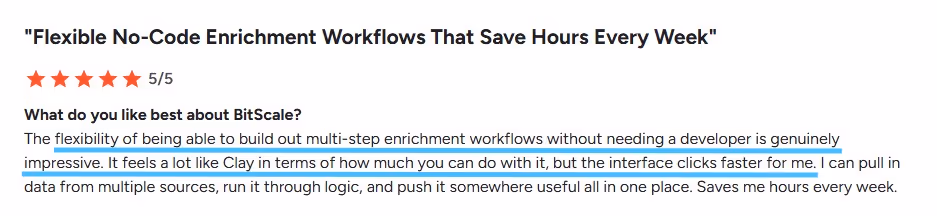 Review snippet titled "Flexible No-Code Enrichment Workflows That Save Hours Every Week".
