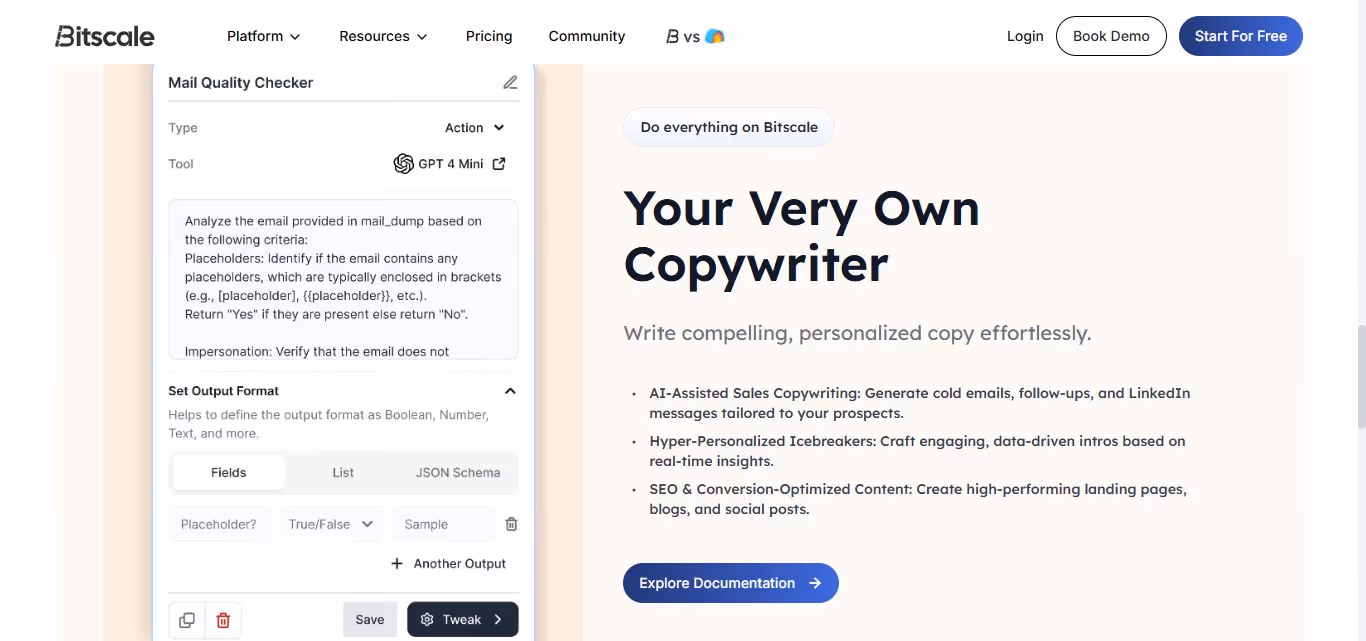 Bitscale homepage section on "Mail Quality Checker" tool for email analysis