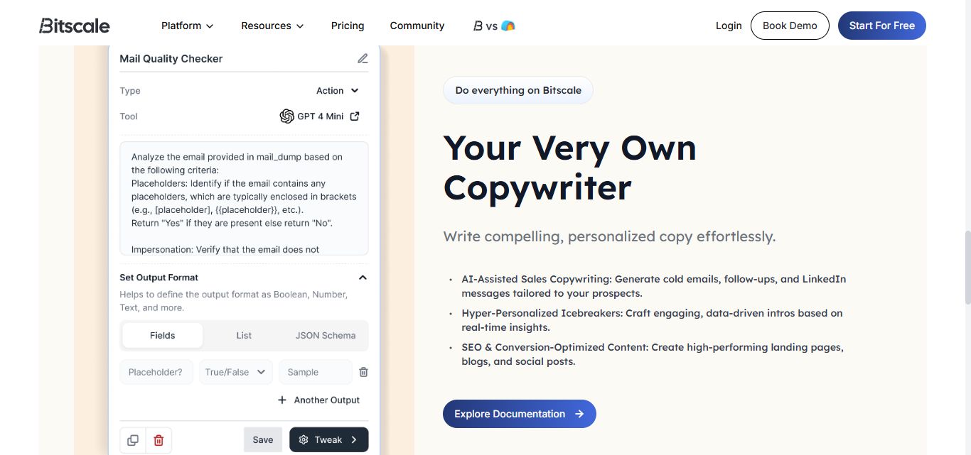 Bitscale homepage section on "Mail Quality Checker" tool for email analysis