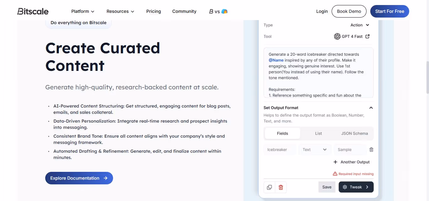Bitscale homepage section on "Create Curated Content" with AI-powered features