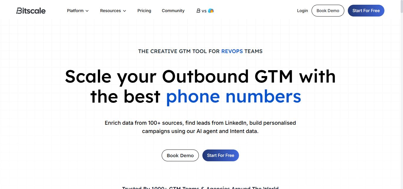 Bitscale homepage with headline "Scale your Outbound GTM with the best phone numbers"