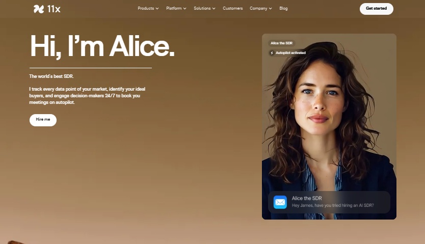 Homepage of 11x website featuring Alice, the AI SDR, with a chat interface.