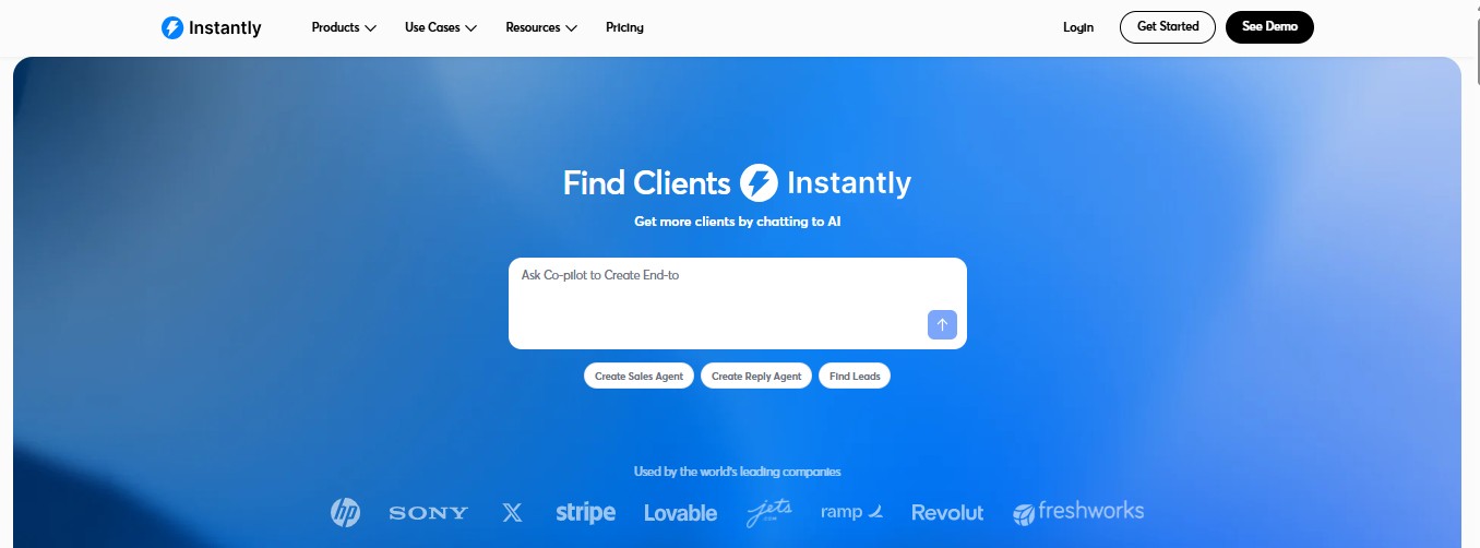 Instantly.ai homepage with headline Find Clients Instantly and a search bar.