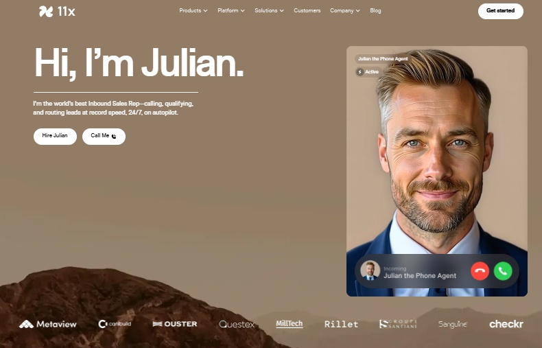 Homepage of 11x website featuring Julian, the AI Phone Agent, with a call interface.