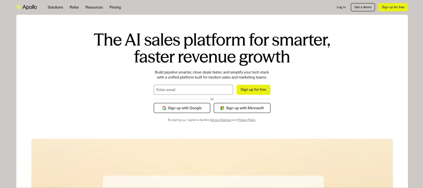 Apollo.ai homepage with headline The AI sales platform for smarter, faster revenue growth.