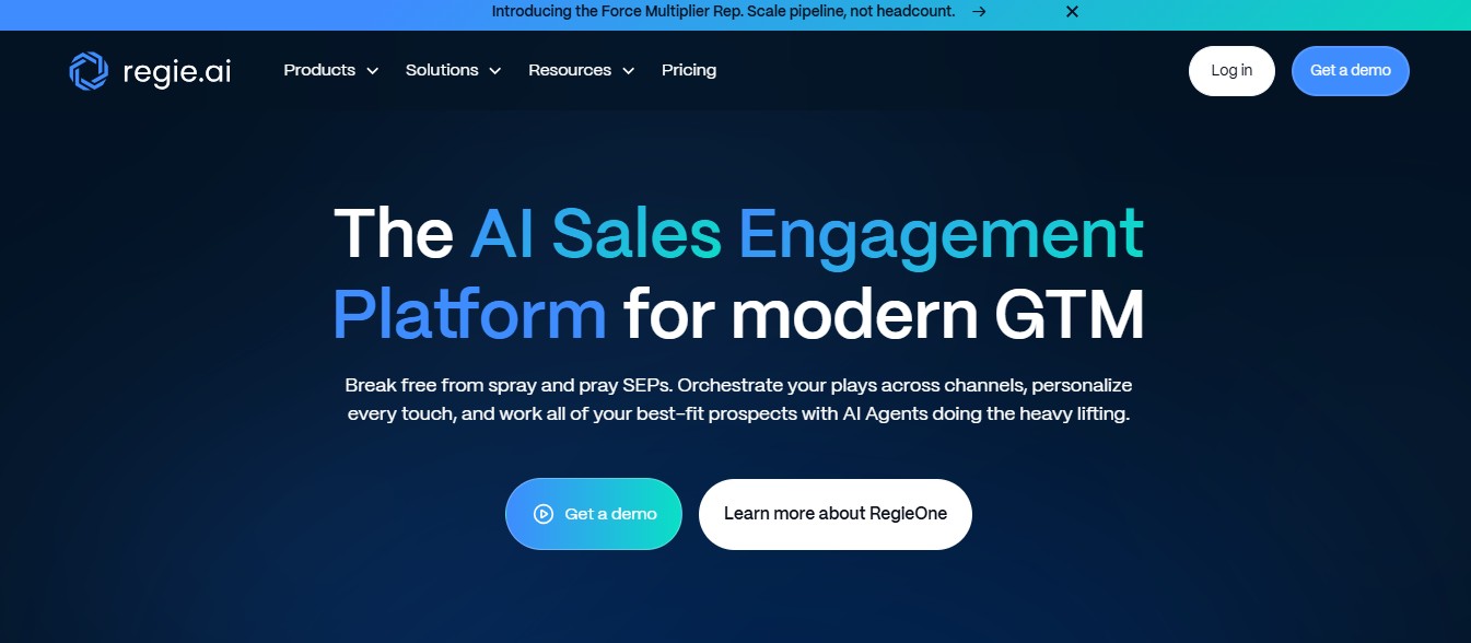 Regie.ai homepage with headline The AI Sales Engagement Platform for modern GTM.