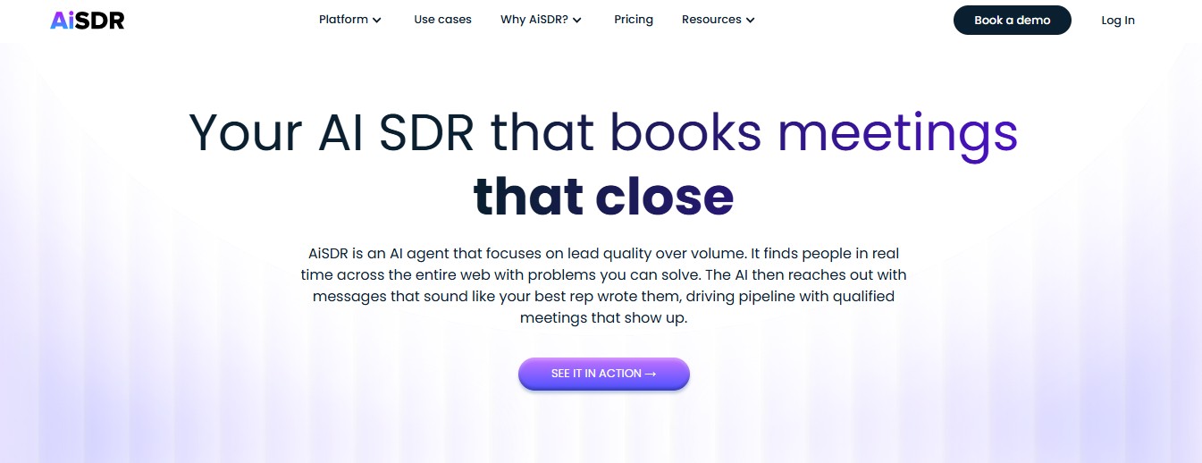 AISDR.ai homepage with headline Your AI SDR that books meetings that close.