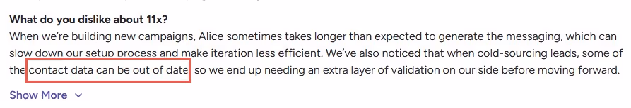 Screenshot of the 11x website's "What do you dislike about 11x?" section, highlighting the phrase "contact data can be out of date"