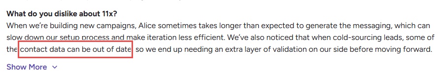 Screenshot of the 11x website's "What do you dislike about 11x?" section, highlighting the phrase "contact data can be out of date"