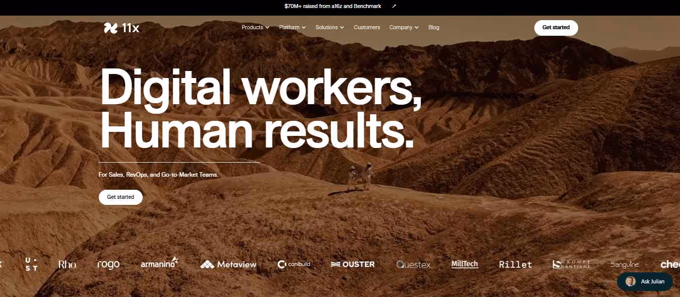  11x marketing website header with a desert landscape and the slogan Digital workers, Human results