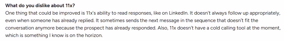 Screenshot of the 11x website's "What do you dislike about 11x?" section, detailing issues with LinkedIn responses and the absence of a cold calling tool.