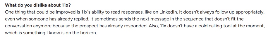 Screenshot of the 11x website's "What do you dislike about 11x?" section, detailing issues with LinkedIn responses and the absence of a cold calling tool.