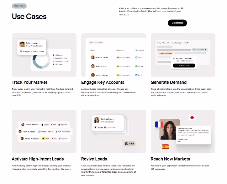 The "Use Cases" section of the 11x website, showcasing various scenarios like tracking markets, engaging accounts, and generating demand. 