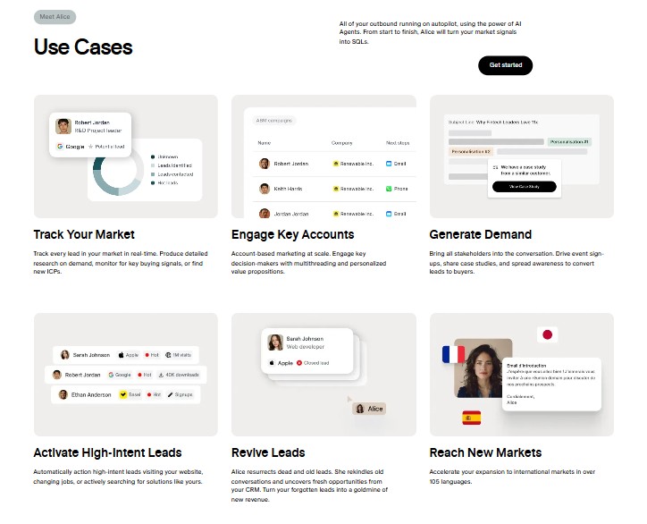 The "Use Cases" section of the 11x website, showcasing various scenarios like tracking markets, engaging accounts, and generating demand.