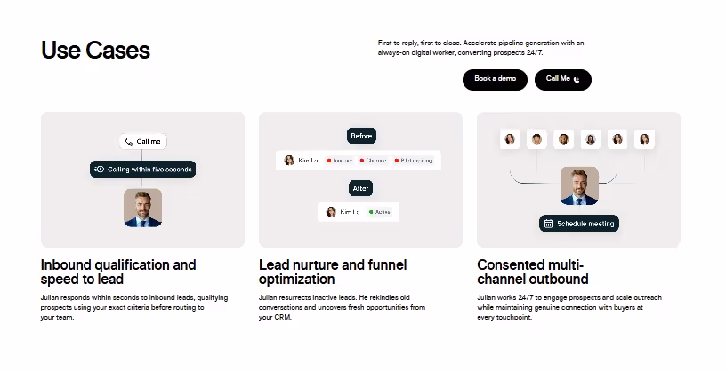 The "Use Cases" section of the 11x website, illustrating inbound qualification, lead nurturing, and multi-channel outbound strategies with Julian.