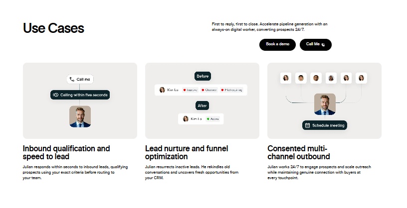 The "Use Cases" section of the 11x website, illustrating inbound qualification, lead nurturing, and multi-channel outbound strategies with Julian.