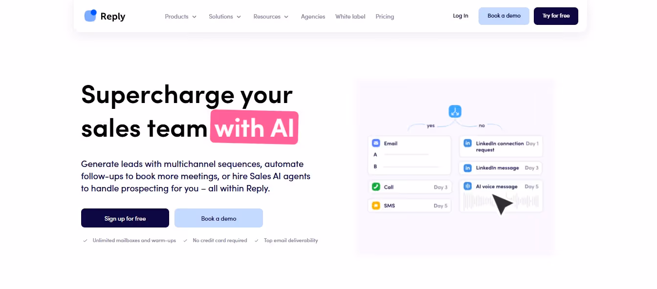 Reply.ai homepage with headline Supercharge your sales team with AI and an illustration of AI sales workflow