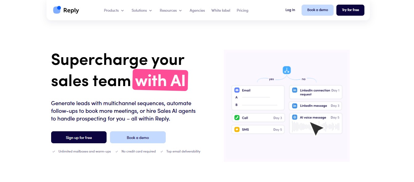 Reply.ai homepage with headline Supercharge your sales team with AI and an illustration of AI sales workflow