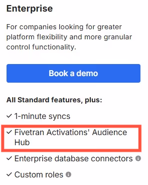 Enterprise plan features including Fivetran Activations' Audience Hub.
