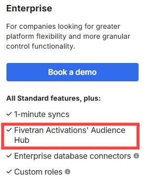 Enterprise plan features including Fivetran Activations' Audience Hub.