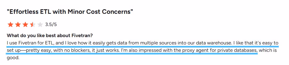 Review snippet highlighting easy setup and proxy agent for private databases as positives for Fivetran