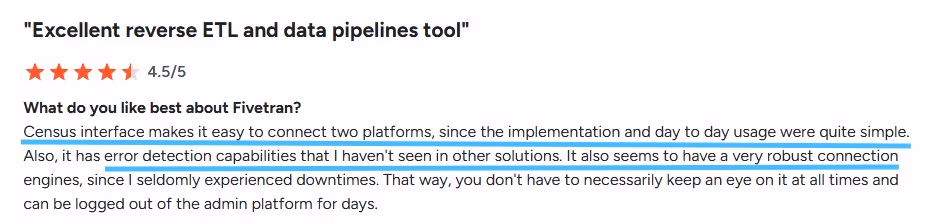 Review snippet praising Fivetran's simple interface, error detection, and robust connection engines.