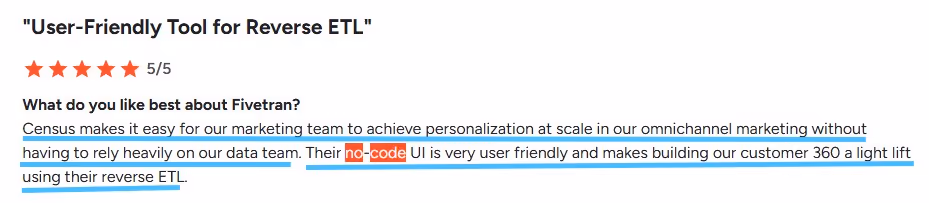 Review snippet describing Fivetran's no-code UI as user-friendly for marketing teams and building a customer 360.