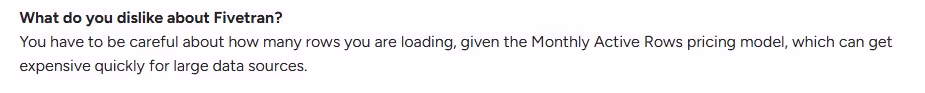 A text box asking "What do you dislike about Fivetran?" with a paragraph explaining the potential cost of the Monthly Active Rows pricing model for large data sources.