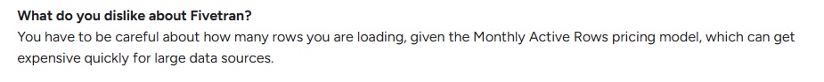 A text box asking "What do you dislike about Fivetran?" with a paragraph explaining the potential cost of the Monthly Active Rows pricing model for large data sources.