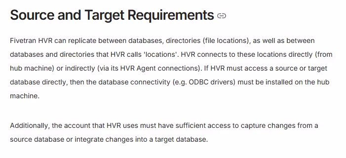A section on "Source and Target Requirements" for Fivetran HVR, explaining connectivity options and necessary permissions.