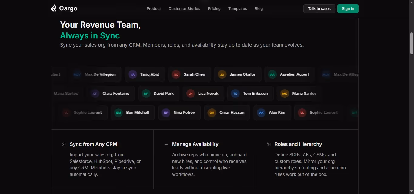 Interface displaying a synchronized sales team from any CRM.