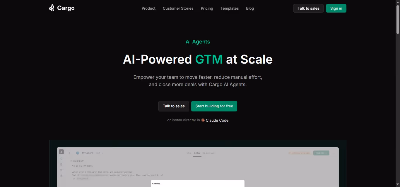 The Cargo homepage with the headline "AI-Powered GTM at Scale".