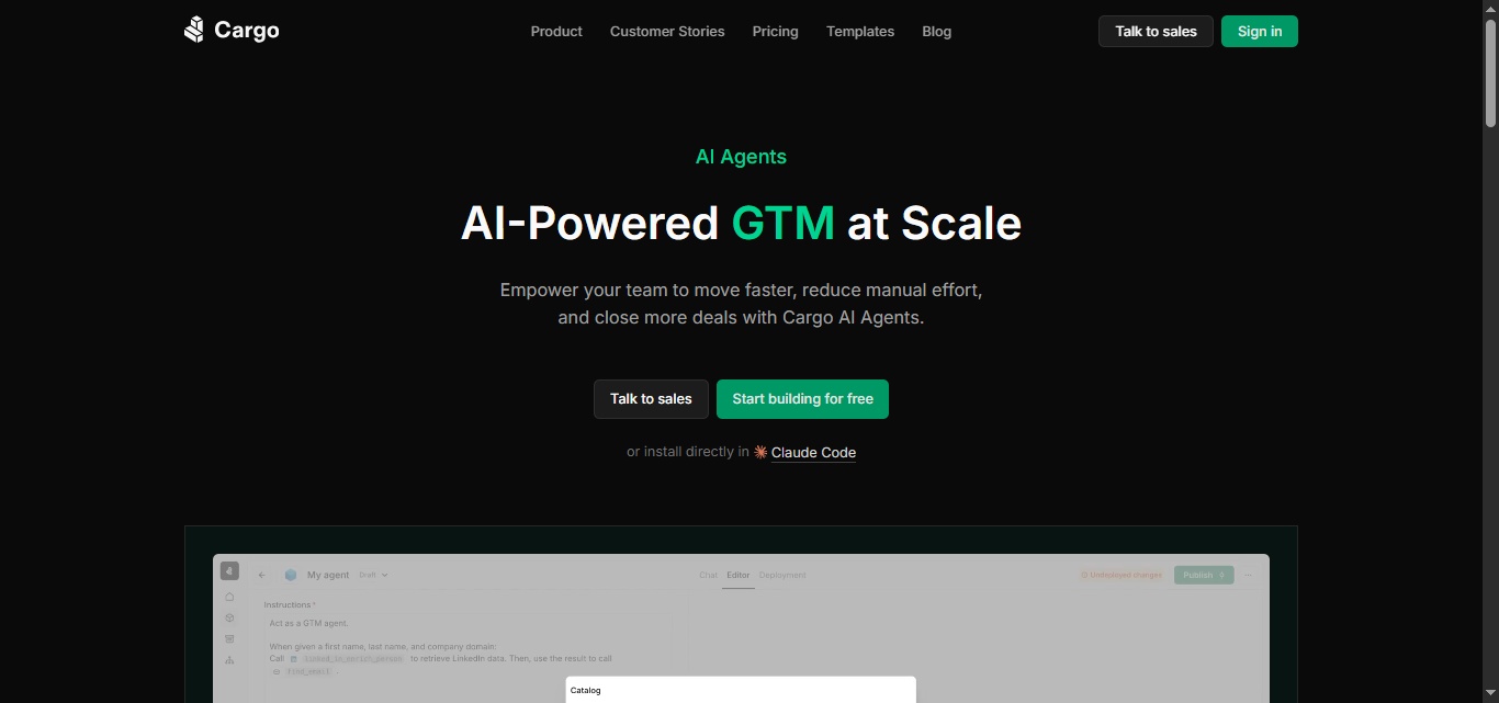 The Cargo homepage with the headline "AI-Powered GTM at Scale".