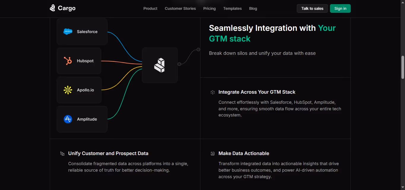 Interface showing integration of Cargo with GTM stack, including Salesforce, Hubspot, Apollo.io, and Amplitude.